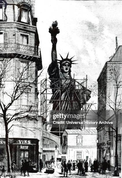 An engraving depicting the construction of the Statue Of Liberty France, designed by French sculptor Frederic Auguste Bartholdi and built by Gustave...