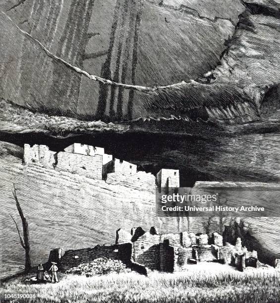 An engraving depicting the ruins of prehistoric cliff houses of Pueblo Indians in New Mexico. Dated 19th century.
