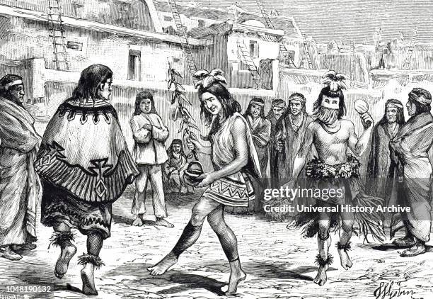 An engraving depicting Zuni Indians performing a sacred dance, perhaps to bring the rain. In costumes and masks, the men impersonate spirits or gods...