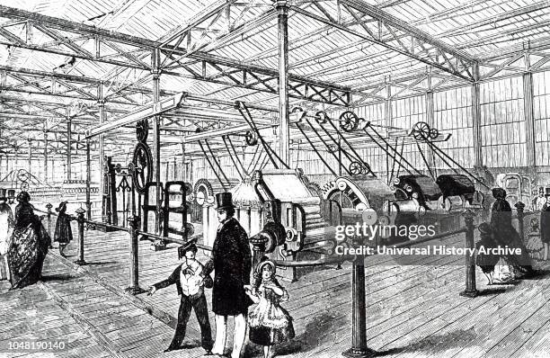 An engraving depicting power looms and spinning mules on show at the Crystal Palace. Dated 19th century.