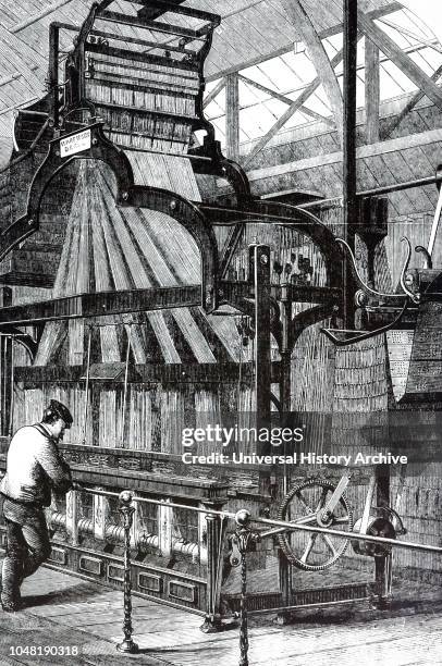 An engraving depicting a Jacquard loom. The Jacquard machine was a device fitted to a power loom that simplifies the process of manufacturing...
