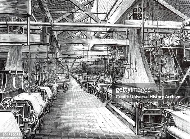 An engraving depicting a weaving shed which contained nearly 1,000 Jacquard looms. The Jacquard machine was a device fitted to a power loom that...