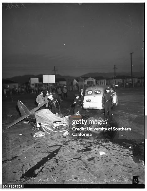 Plane crash kills two, 31 December 1951. Jay Campbell -- 30 years;Judy Campbell -- 8 years.;Caption slip reads: 'Photographer: Glickman. Date: ....