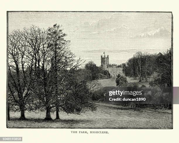 park at highclere castle, hampshire, england, 19th century - highclere castle stock illustrations