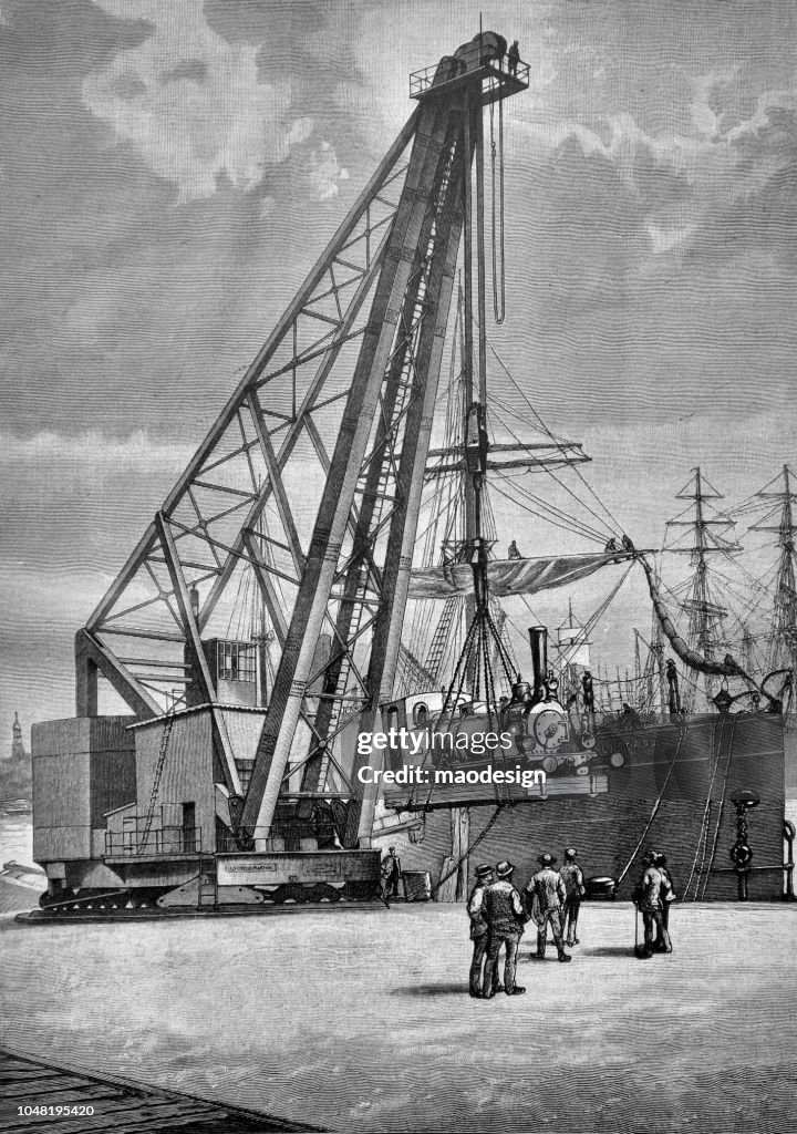 Der größte Kran der Welt in dieser Zeit entlädt Lokomotive. Hamburg - 1888