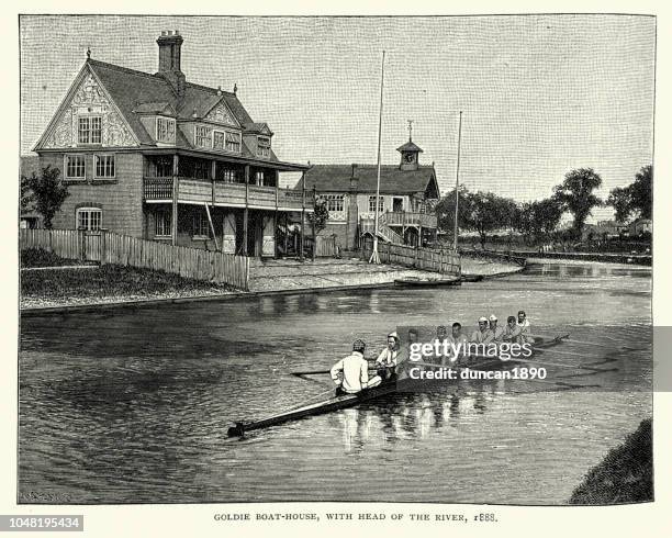 ilustraciones, imágenes clip art, dibujos animados e iconos de stock de remeros va pasan goldie boathouse, cambridge, del siglo xix - rowing