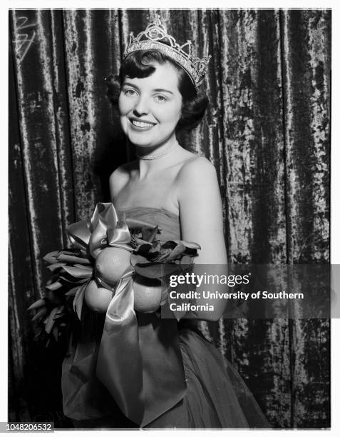 Queen of San Bernardino Orange Show, 01 February 1952. Paula Faggette ;Dianna Cunningham ;Donna Percy ;Dianna Pettet ;Neva Burgess ;Viola Brown ;Lola...
