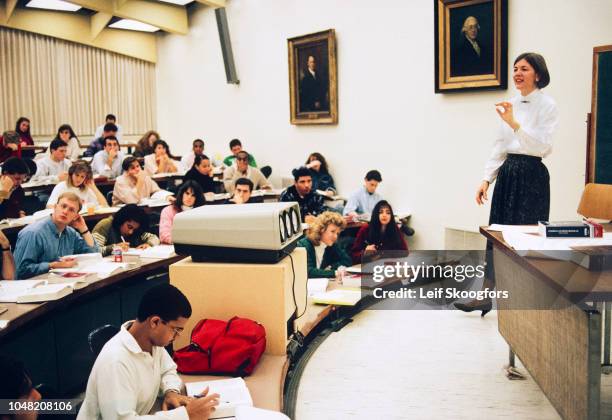 American academic Professor Elizabeth Warren teaches an unspecified class at University of Pennsylvania Law School, Philadelphia, Pennsylvania, early...