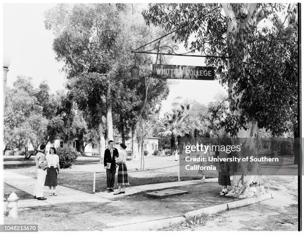 Examiner seminar Whittier College, 10 March 1952. Views of Campus, buildings and students;Barbi Bowman;Doctor John H. Bright;Marilyn Kamphefner;Rod...