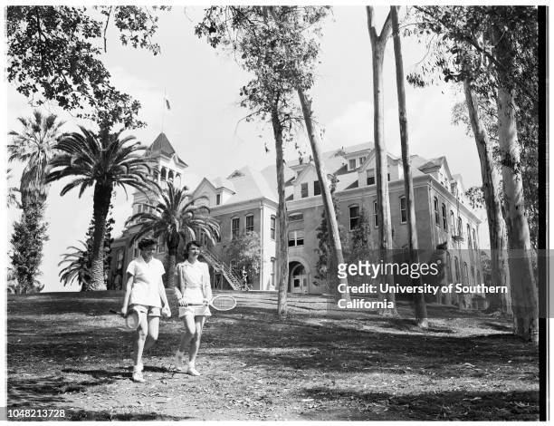 Examiner seminar Whittier College, 10 March 1952. Views of Campus, buildings and students;Barbi Bowman;Doctor John H. Bright;Marilyn Kamphefner;Rod...