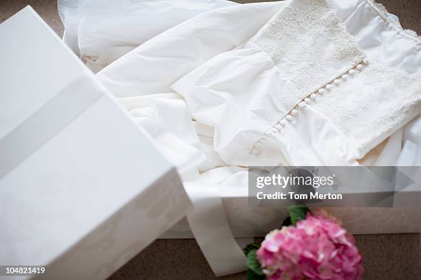 wedding dress in box - bride dress stock pictures, royalty-free photos & images