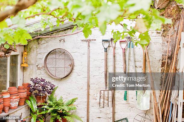 strumenti giardino appeso sulla parete dello shed - gardening equipment foto e immagini stock