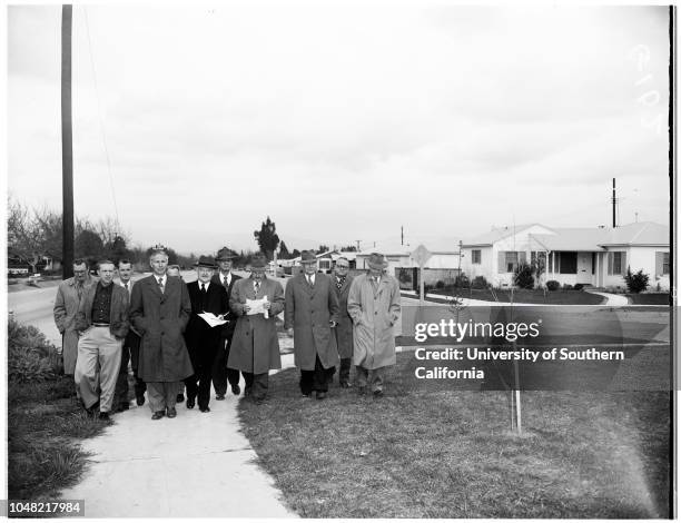 Los Angeles Water and Power proposed condemnation of property in San Fernando Valley Mayor's tour of area, 14 March 1952. Mayor Fletcher Bowron;Harry...