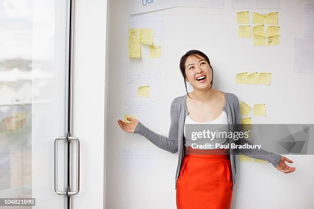 smiling businesswoman with arms outstretched in front of whiteboard with adhesive notes - person standing infront of wall stockfoto's en -beelden