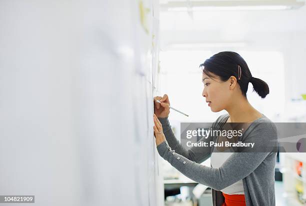 businesswoman writing on whiteboard - whiteboard bildbanksfoton och bilder