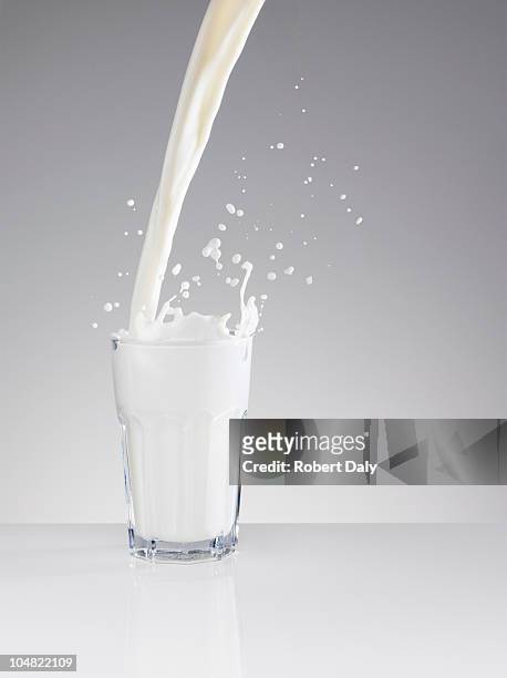 milk splashing in full glass - milk pour white background bildbanksfoton och bilder