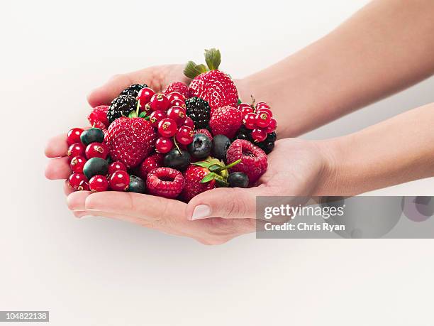 mujer agarrando bayas - summer fruits fotografías e imágenes de stock