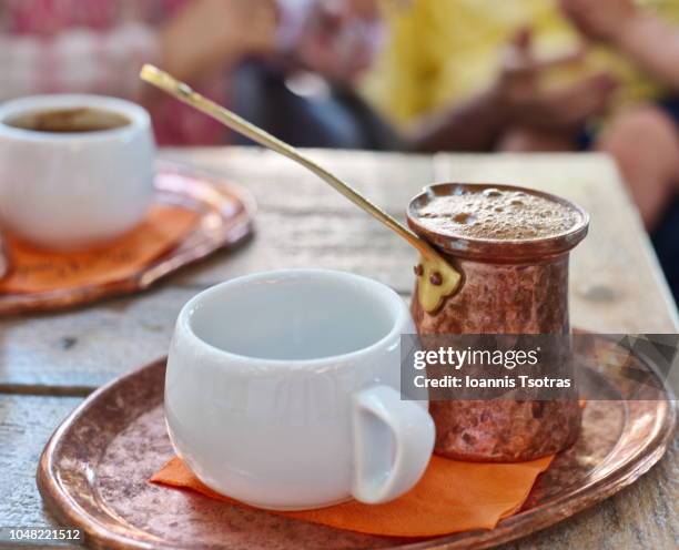 close-up of turkish - greek coffee on table at cafe - athens restaurant stock pictures, royalty-free photos & images