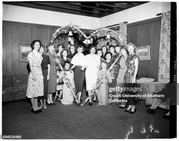 Presentation of engaged girls at Pepperdine College, 07 April 1952. Nautaliea Henry;Joyce Erickson;Leta Wilburn;Marilyn Stoltz;Delores Hawes;Dorothy...