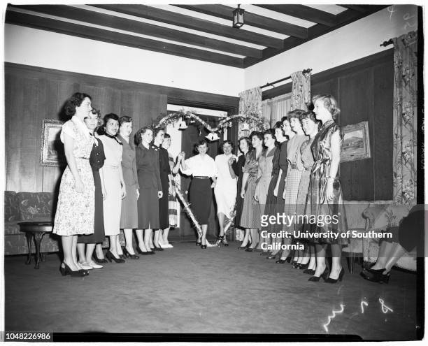 Presentation of engaged girls at Pepperdine College, 07 April 1952. Nautaliea Henry;Joyce Erickson;Leta Wilburn;Marilyn Stoltz;Delores Hawes;Dorothy...