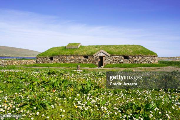 Replica of Norse Viking longhouse at Brookpoint, Unst, Shetland Islands, Scotland, UK.