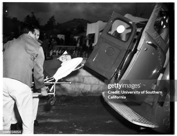 Linemen rescue woman from smoke and fire-filled home, 13 March 1952. Mrs Marian Nagel ;Mrs Margot Oakland;Dog 'Chipper';Joe G Smith ;Kenneth...