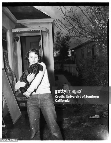 Linemen rescue woman from smoke and fire-filled home, 13 March 1952. Mrs Marian Nagel ;Mrs Margot Oakland;Dog 'Chipper';Joe G Smith ;Kenneth...