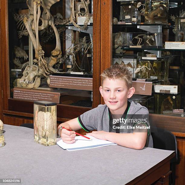 boy in sitting at table in museum - brain in a jar stock pictures, royalty-free photos & images