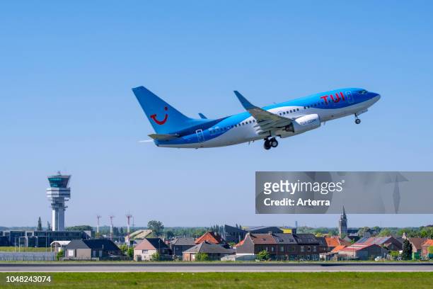 Boeing 767-304 from TUI Airways taking off from runway at the Brussels-National airport, Zaventem, Belgium.