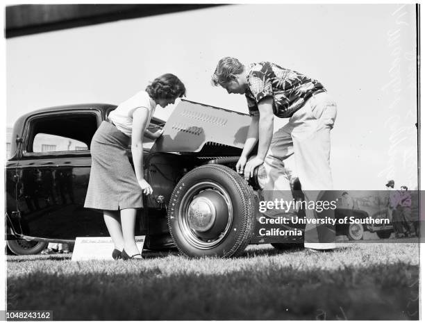 Hot rod show at Marshall High School, 07 May 1952. Madeline Coppola -- 16 years;Doug Spottswood -- 17 years;Joan Dishman -- 17 years;Bill Stanley;Jim...