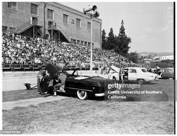 Hot rod show at Marshall High School, 07 May 1952. Madeline Coppola -- 16 years;Doug Spottswood -- 17 years;Joan Dishman -- 17 years;Bill Stanley;Jim...