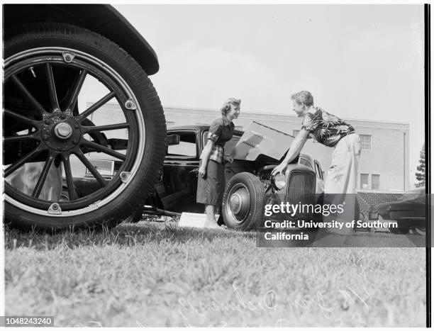 Hot rod show at Marshall High School, 07 May 1952. Madeline Coppola -- 16 years;Doug Spottswood -- 17 years;Joan Dishman -- 17 years;Bill Stanley;Jim...