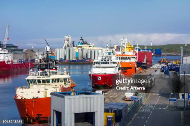 Vessels docked in the Aberdeen port / harbour, Aberdeenshire, Scotland, UK.