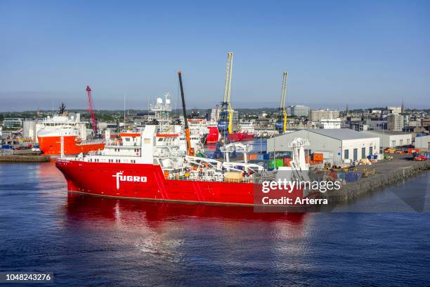 Fugro Venturer, geophysical & hydrographic survey vessel docked in the Aberdeen port, Aberdeenshire, Scotland, UK.