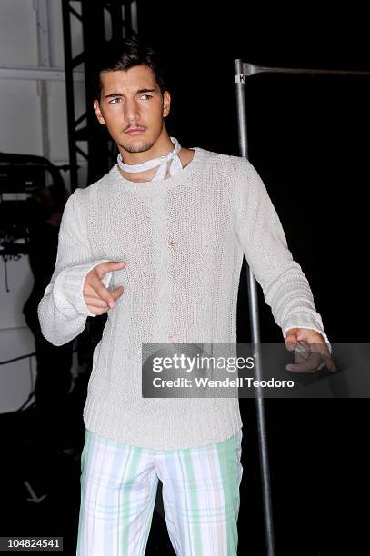 Model appears backstage during the Perry Ellis Spring 2011 fashion show during Mercedes-Benz Fashion Week at The Stage at Lincoln Center on September...