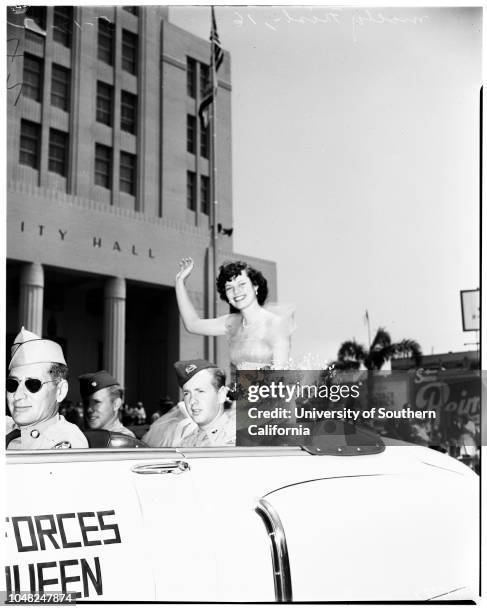 Long Beach Armed Forces Day Parade, 17 May 1952. Molly Fish 16 Queen.;Caption slip reads: 'Photographer: Emery. Date: . Reporter: Emery to RW 28:...