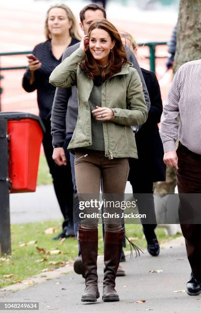 Catherine, Duchess of Cambridge during a visit to Sayers Croft Forest School and Wildlife Garden on October 02, 2018 in London, England. Sayers Croft...