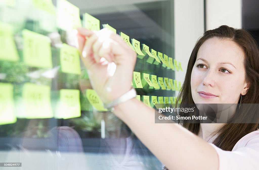 Women works with yellow labels