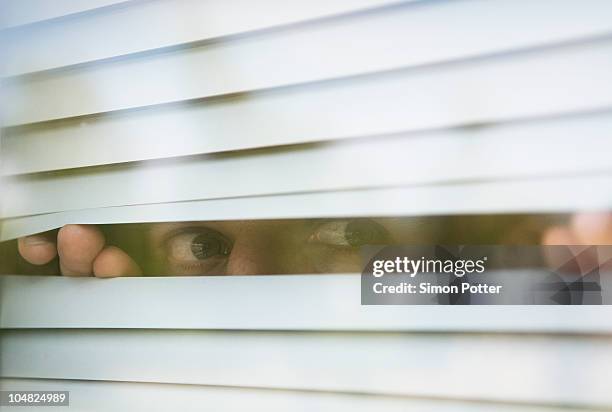 man looks thru window blinds - gluren stockfoto's en -beelden