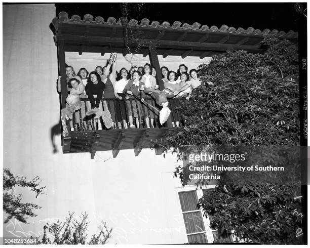 Girls at Kappa Kappa Gamma and Gamma Phi Beta Houses of University of California at Los Angeles set to repel possible panty raiders, 23 May 1952.Los...