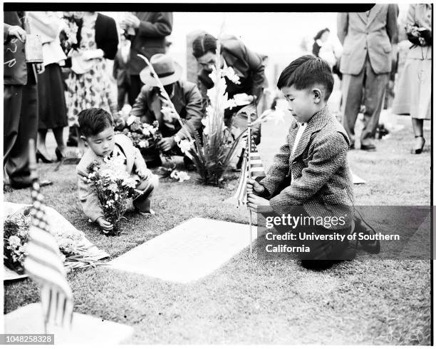 Memorial Day services Nisei rites, 30 May 1952. Bobby Watanabe -- 4 years;Paul Watanabe -- 7 1/2 years;Mrs Neguma Tanouye;Reverend R Nozaki ;Buddhist...