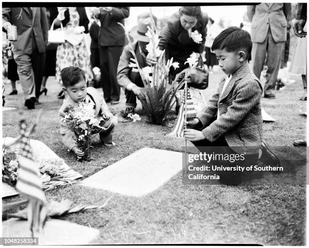 Memorial Day services Nisei rites, 30 May 1952. Bobby Watanabe -- 4 years;Paul Watanabe -- 7 1/2 years;Mrs Neguma Tanouye;Reverend R Nozaki ;Buddhist...