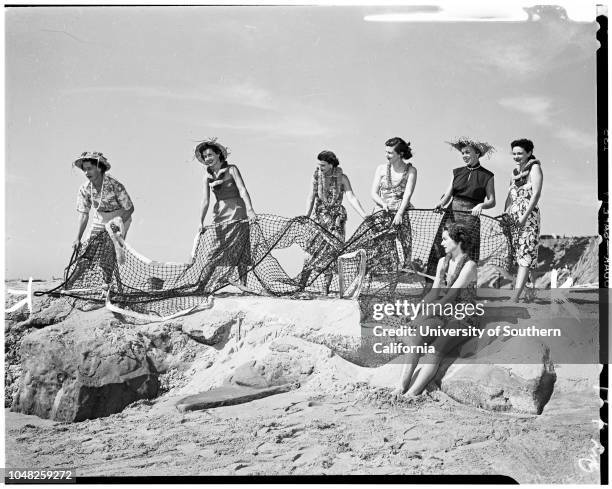 Bel Air Bay Club Hawaiian party, 25 February 1952. Miss Jane Colburn;Mrs Robert C Rives;Mrs John W Gaines;Mrs Walter Butler, Junior;Mrs David...