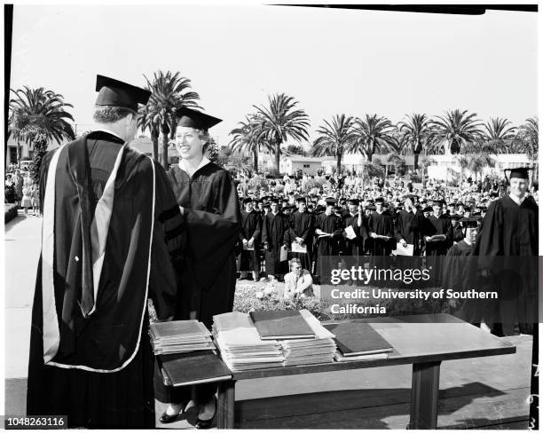 Pepperdine commencement, 1 June 1952. James Roy Armstrong ;Doctor Hubert Eaton ;Doctor Hugh M Tiner ;Meryl Jean Butler ;Vernon Tet Kong Chung ;Nancy...