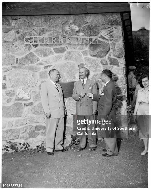Camp Hess Kramer, 8 June 1952. Lieutenant Governor Goodwin Knight;Jose Gildred;Dewald M Baum;Harry A Mier;Rabbi Alfred Wolf.;Caption slip reads:...