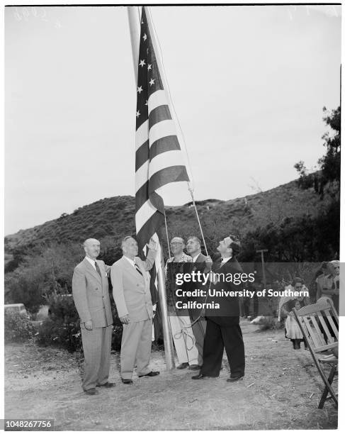 Camp Hess Kramer, 8 June 1952. Lieutenant Governor Goodwin Knight;Jose Gildred;Dewald M Baum;Harry A Mier;Rabbi Alfred Wolf.;Caption slip reads:...