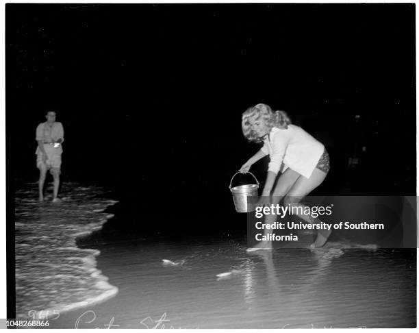 Novice catches grunion, June 24 1952. Pat Stermer -- 18 years.;Caption slip reads: 'Photographer: Gaze. Date: . Reporter: Gaze. Assignment: Novice...