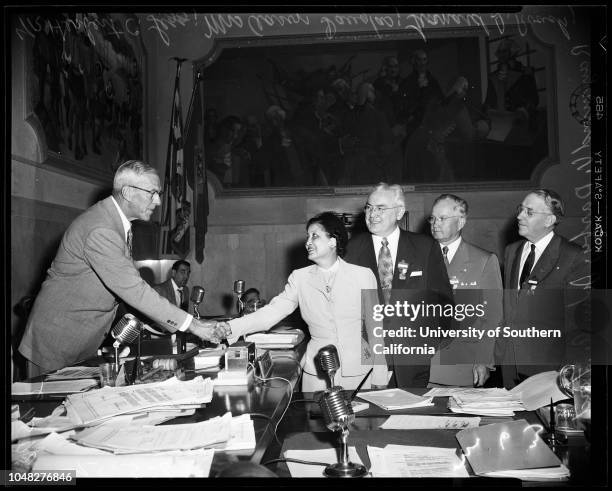 New members of County Board of Education, 5 August 1952. Herbert C legg ;Mrs Aaron Douglas;Leonard J Roach ;Raymond V Darby ;John Ford .Los Angeles;...