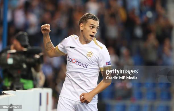 Leandro Trossard celebrates after scoring a goal during the UEFA Europa League Group I match between KRC Genk and Malmo at Cristal Arena on September...