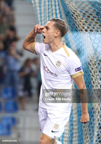 Leandro Trossard celebrates after scoring a goal during the UEFA Europa League Group I match between KRC Genk and Malmo at Cristal Arena on September...